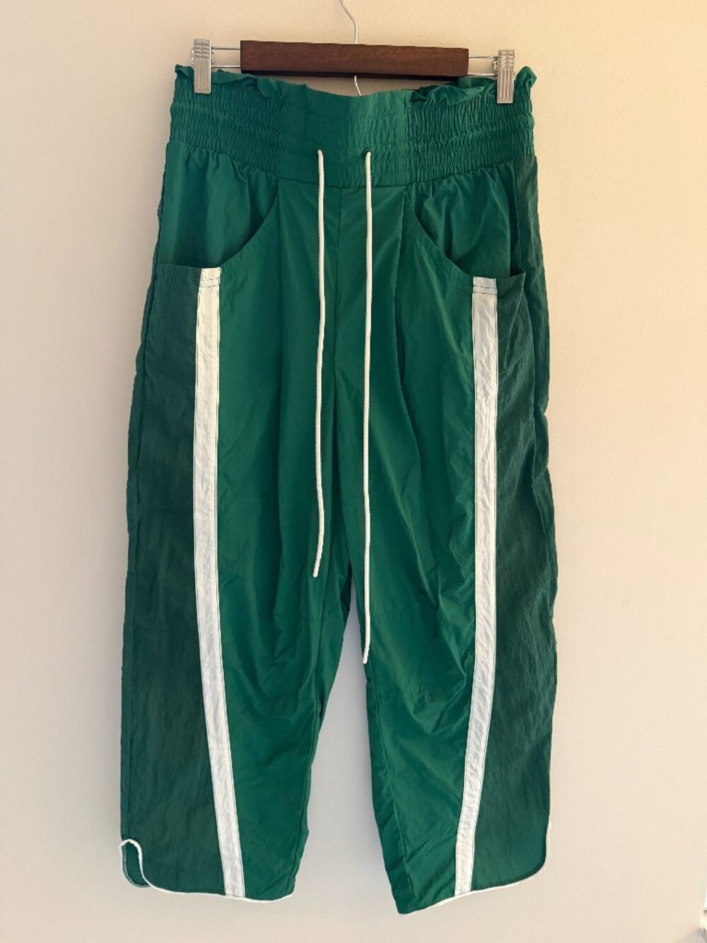 FP Movement Green Track Pants M White Stripe Nylon Windbreaker Joggers